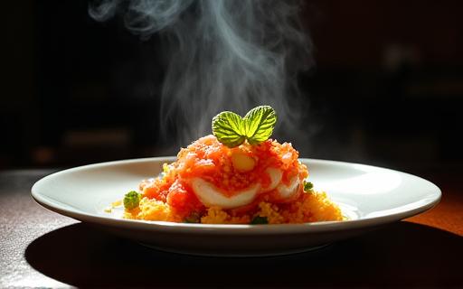 Piatto gourmet illuminato da un faretto di precisione